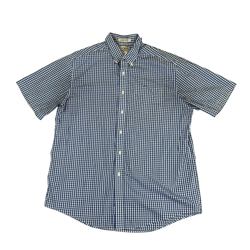 LL Bean Mens Large Blue White Gingham Wrinkle Resistant Short Sleeve Shirt